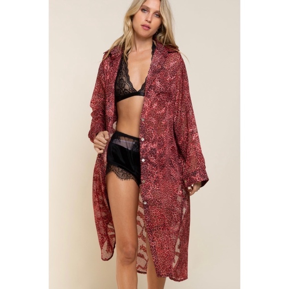 POL Tops - POL Red Leopard Long Sleeve Button Down Maxi Shirt